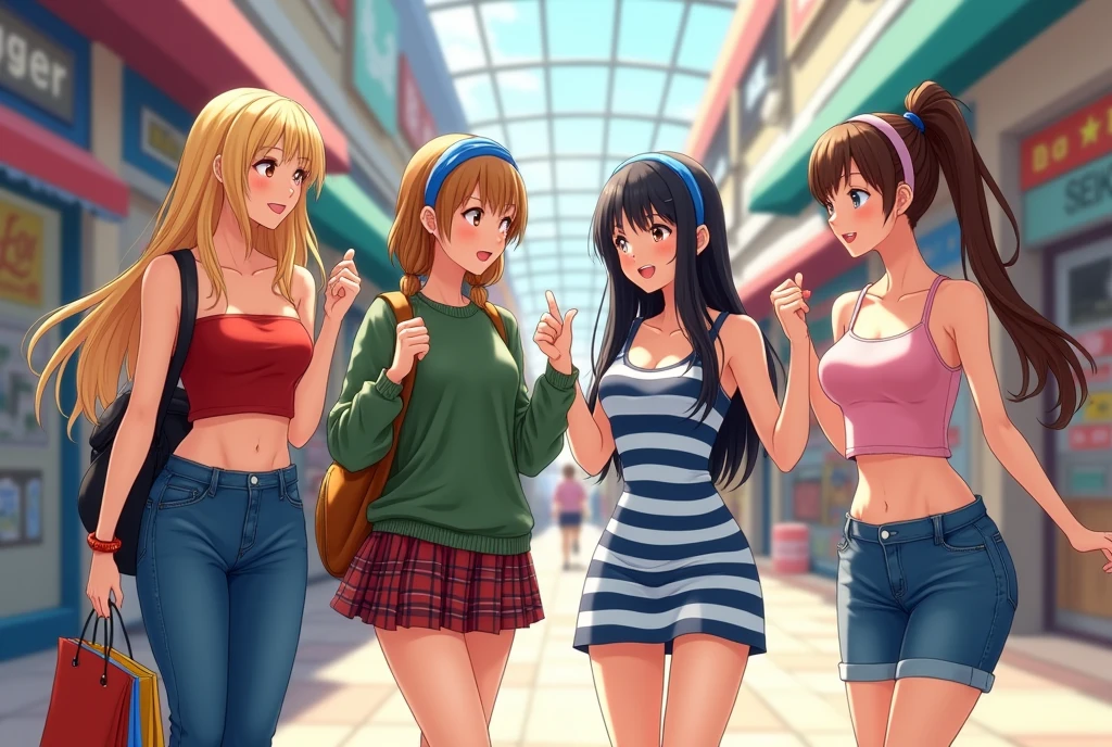 a group of anime girls shopping at a mall, first girl wearing a red tube top that is almost slipping and jeans with long blonde hair, and she carries a bag on her shoulder. the second girl has brown hair and wearing baggy green sweater with plaid miniskirt carrying a backpack. the third girl wears a blue hairband and has long black hair wearing a tight sleeveless blue and white striped dress, both her hands raised fixing her hair and exposing her armpits. the fourth girl has a sun kissed complexion and brown ponytail hair with pink crop tank top that exposes her midriff with noodle straps along with shorts. they're all chatting to each other.