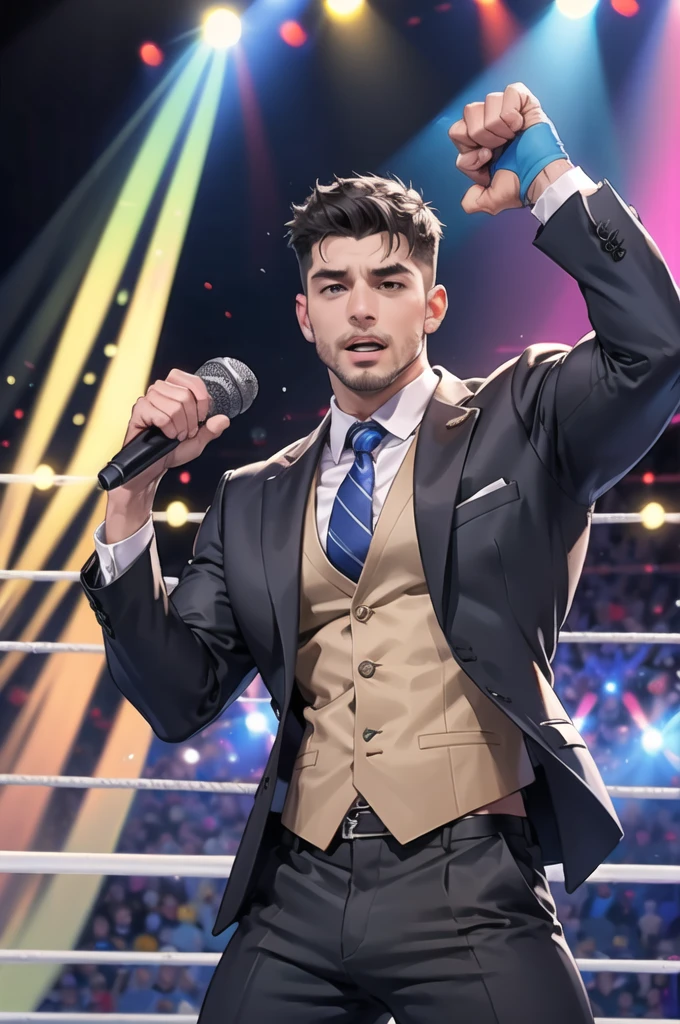 WWE on the wrestling ring, (Many viewers:1.3) , (A female presenter wearing a suit, holding a microphone on stage.:1.3)