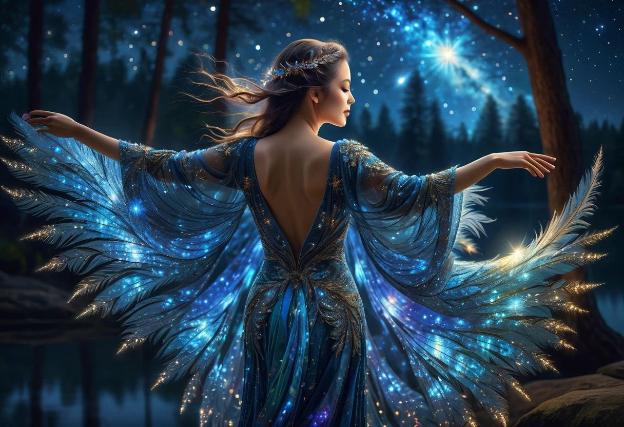 score_9, score_8_upper, score_7_upper,A woman in a beautiful feathered robe is dancing.,night,fantasy forest,night景,Firefly,lake,Crystal Sparkle,(masterpiece, Highest quality, Highest quality, Official Art, beautifull, beautiful:1.2,Ray Tracing),Very detailed,Blue tones,well-proportioned body,Long Hair,Long Shot,milky way,nebula,Starry Sky,shooting star,Very detailed, (Fractal Art:1.3), colorful, Most detailed, High resolution, Magical Patterns, Impressive visuals, (Dynamic Stripes, Light trail:1.2), Vibrant colors ,Detailed Images, Star Wizard