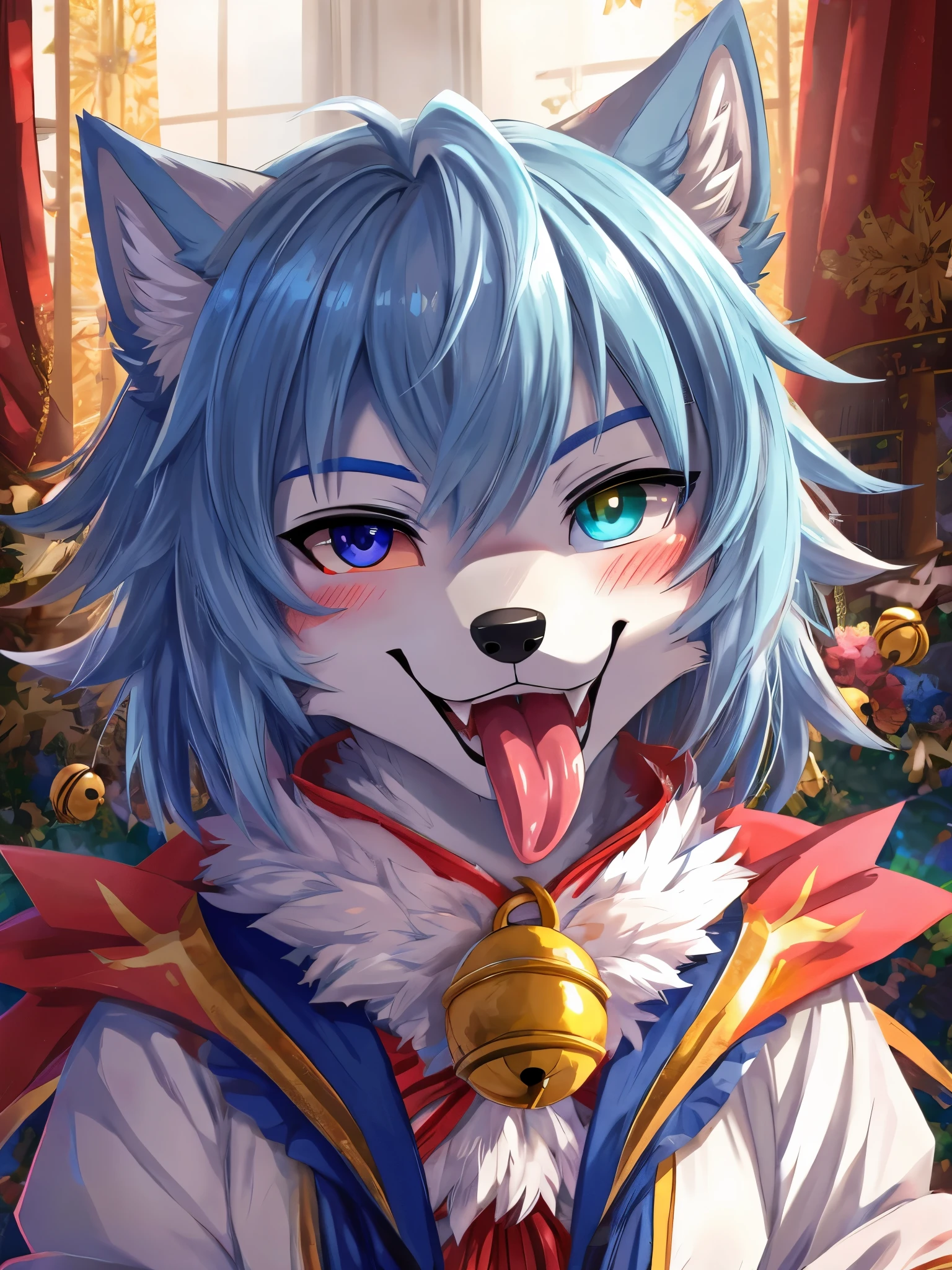 Blushing, Smile, Blue eyes, high resolution, Anatomically correct, 最佳quality, HD Model, High Detail, quality, High quality, Wolf ears, Smile, Tongue, Lips slightly open, 吐Tongue, heterochromia, fangs,Seven-point lens, Bell, Anime style,