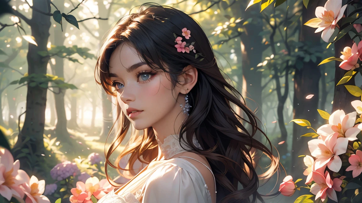 a beautiful young girl falling in love, walking through a blossom forest at night, (best quality,4k,8k,highres,masterpiece:1.2),ultra-detailed,(realistic,photorealistic,photo-realistic:1.37),extremely detailed face and eyes, gorgeous detailed lips, long eyelashes, flowing hair, delicate facial features, elegant dress, graceful movement, warm soft lighting, glowing moonlight, ethereal atmosphere, lush forest, blooming flowers, mist and fog, dreamlike and romantic