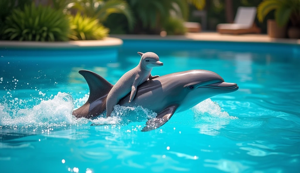 A dolphin is swimming in a pool with its young on its back