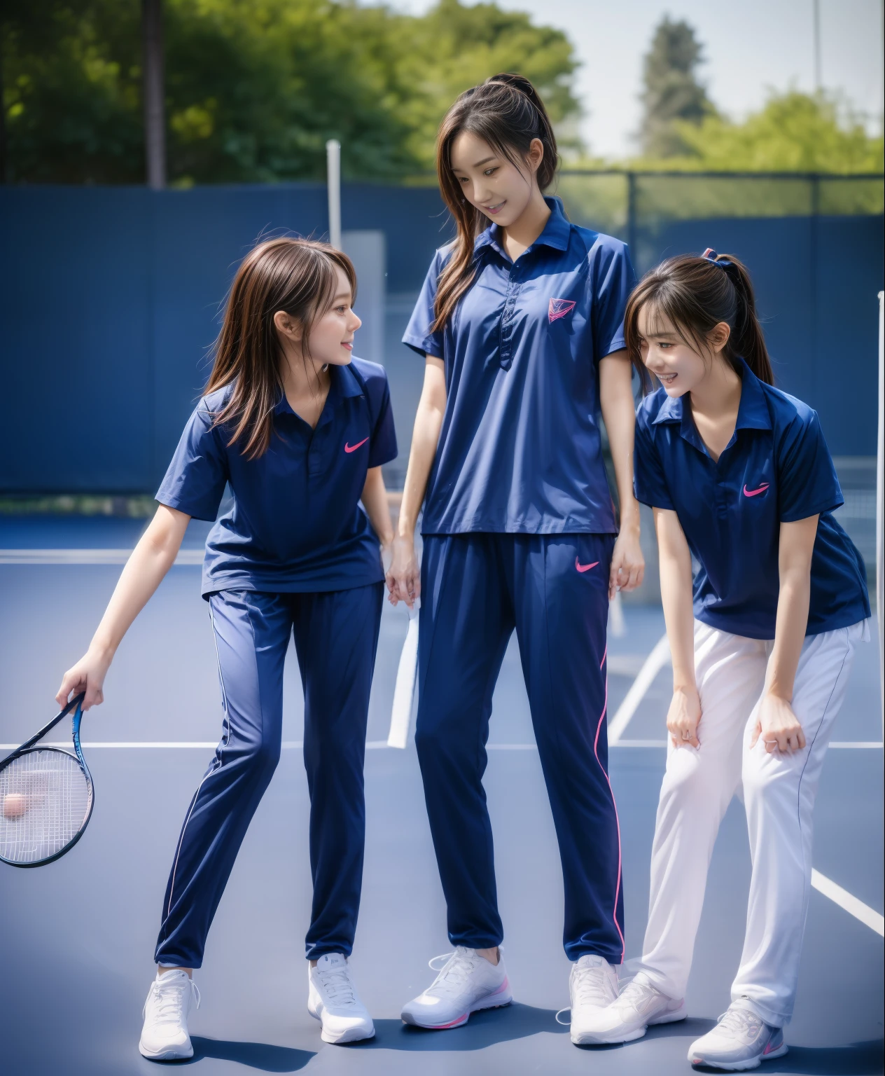 3 girls play tennis at tennis courts, Navy blue short-sleeved shirt,Navy Long Trackpant,Sweatpants, Sweatpantsขายาว,25 year old girl, lesbian, sexy, exercise clothes, wet body, exercise clothes