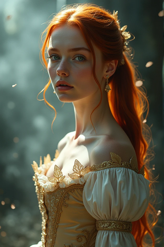 (solo, full body photo:1.3), (action packed:1.3), (haze, fog, mist:1.3), chiaroscuro, best quality, photorealistic, 1woman, (cute), (24yo:1.2), redhead, long ginger hair highly detailed, 1700'S, digital photography, art by artgerm and ruan jia and greg rutkowski surreal painting gold butterfly filigree, broken glass, (masterpiece, sidelighting, finely detailed Fashionable eyes: 1.2) (perfect oval large eyes that gazes at the viewer), beautiful detailed face, blue gorgeous perfect eyes, (blonde hair ponytail), (attractive young woman:1.3), (thick amazing hair), (seductive:1.1), (blushing:1.1)