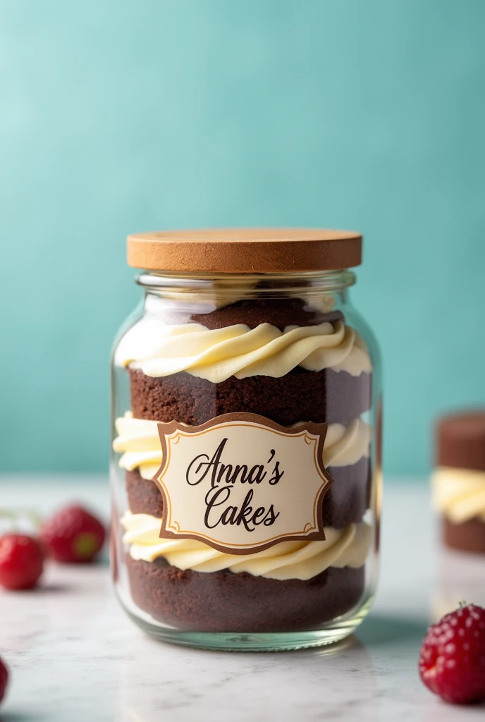 create an image of a realistic and detailed closed jar cake in perspective and with a pastel blue background and the central label written "Anna's cakes"