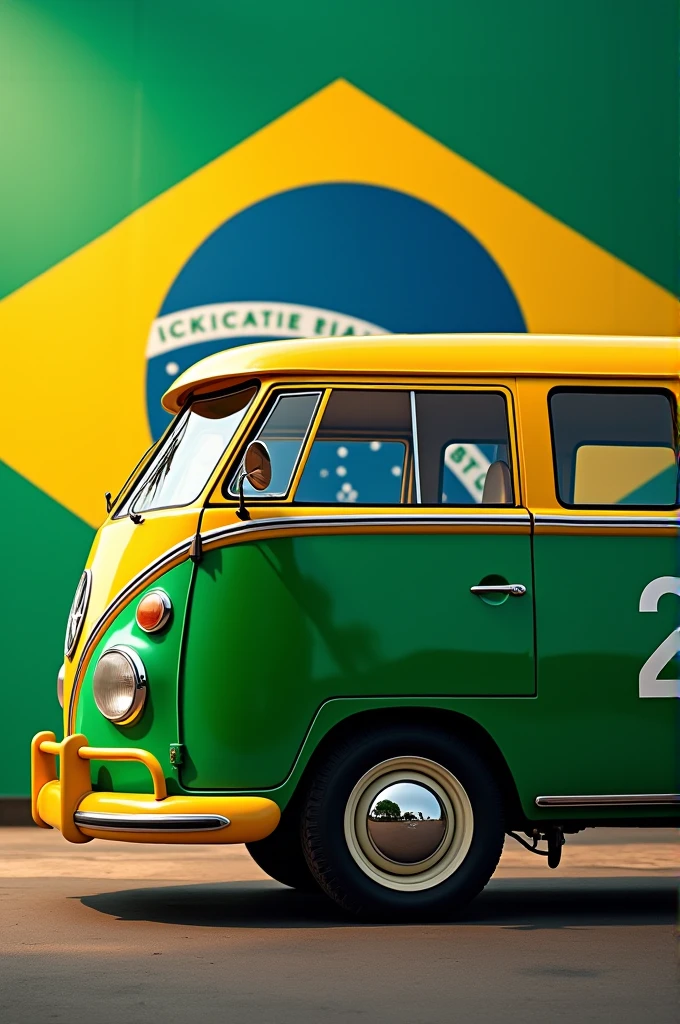 Create a Kombi with the colors green and yellow plotted with the number 22 with the background of the Brazilian flag