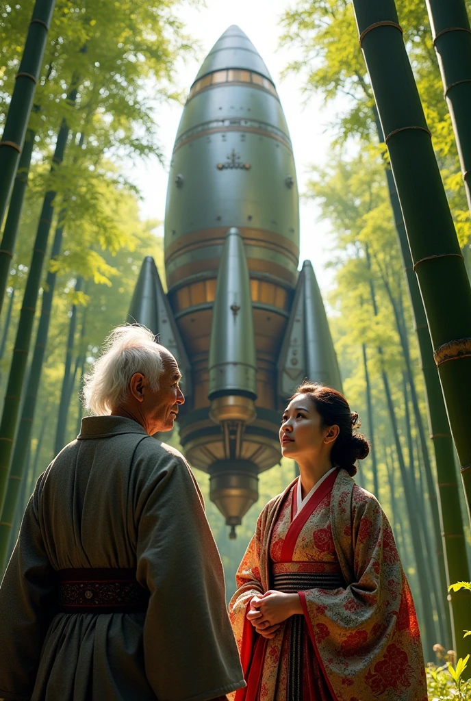 Couple、 Old man and woman、 An elderly Japanese man and woman from the Heian period are looking up and worshiping a gigantic steampunk style rocket in a bamboo grove、