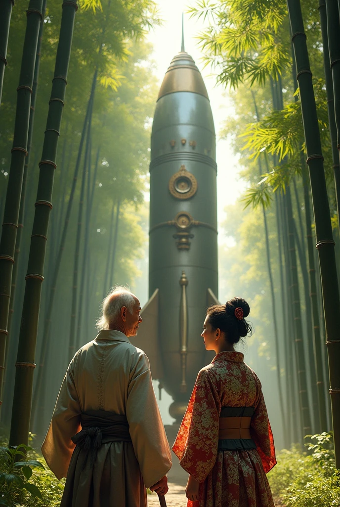 Couple､ Old man and woman、 An elderly Japanese man and woman from the Heian period are looking up and worshiping a gigantic steampunk style rocket in a bamboo grove、

