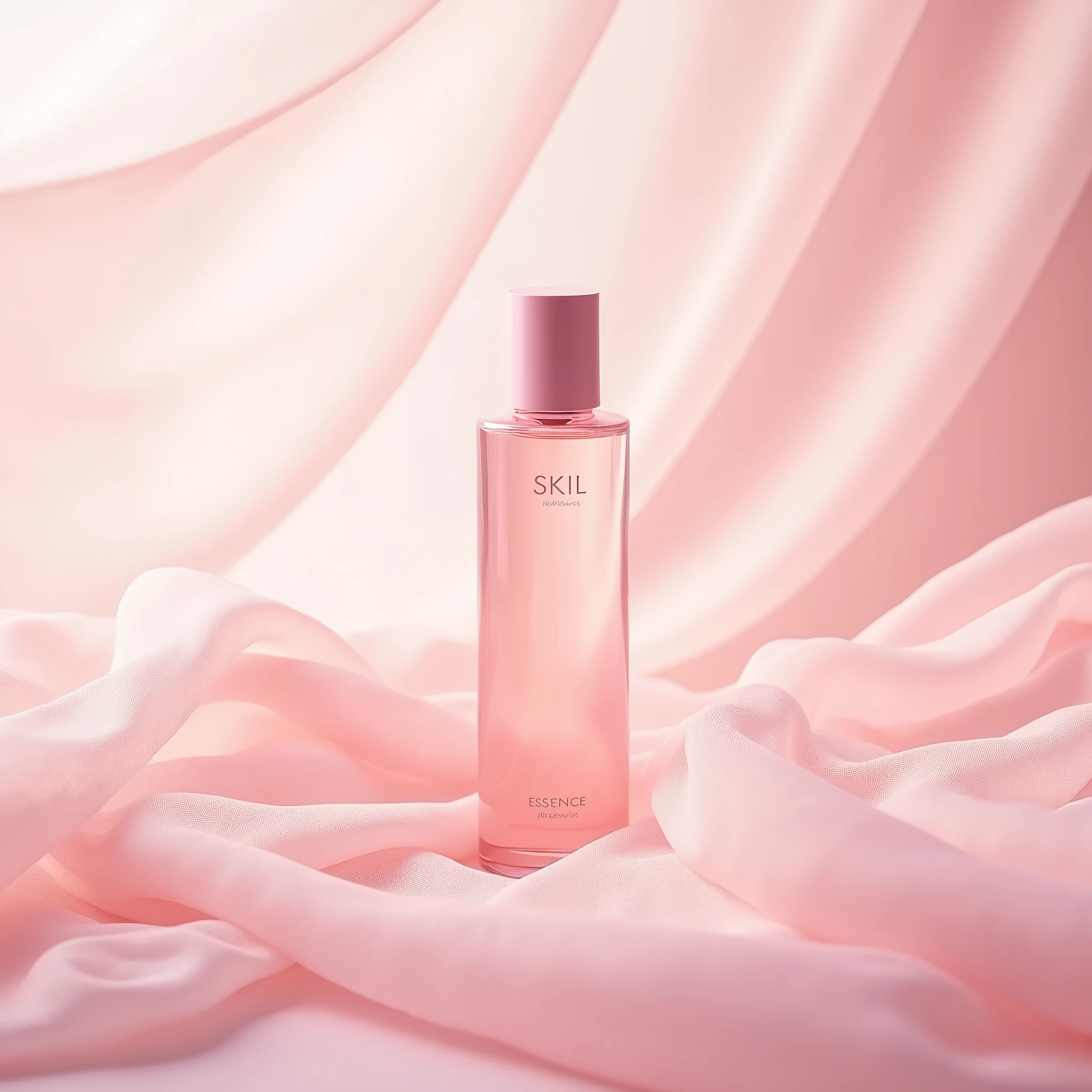 Pink series Commercial photography , SKIl essence bottle , tulle fluttering in the wind , delicate texture , minimalism , romantic tone , translucent , beautiful , graceful lines , naturalrealistic photography , high resolution , fine details ,8k --s 50