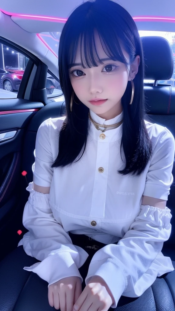 Highest quality、8k、32K、masterpiece、Ultra Clear、Highest quality、8k full vision, Cinema Lighting:1.2)、(Blue Right), One Girl、Long Hair Girl、Beautiful Japanese Women、Black-haired、Heavy bangs、Accentuate your breasts、choker、(Super big breasts:1.5), Sparkling under-eye bags、Red glitter eye makeup, From feet to head、(Fluorescent light pink lipstick:1.3)
Soft look、Of Japanese、Japanese underground Idols、Japanese jirai Type Girl、Japanese Instant Glamour、Japanese TikTokers, Teenage Girl、
((luxury car:1.8, Inside the car with the lights off:1.5, Desaturated lighting:1.5)), Sit in the back seat、Sexy seductive girl、Leg spread:1.3, Emphasize big breasts, one person, 独奏, Late Night:1.3