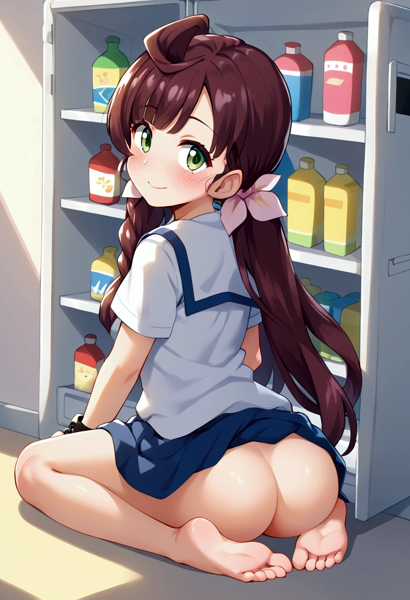 full body, barefoot, masterpiece, a beautiful schoolgirl, (fantasy refrigerator background), erotic photoshoot, a desk, from behind, schoolgirl uniform, shackles on legs,sitting ass, barefoot sole ,happy face, looking to the viewer, big open eyes, blush