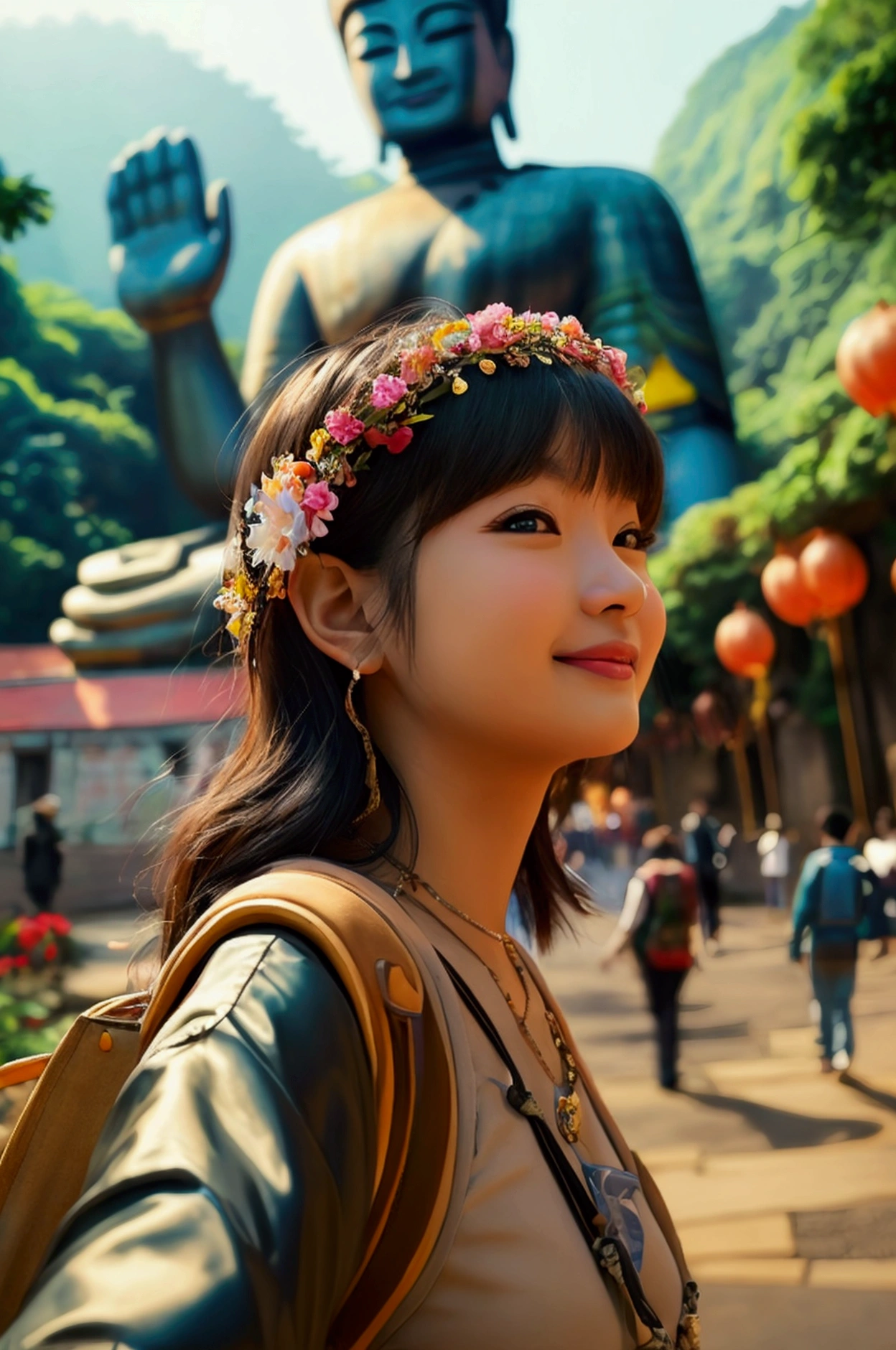 A woman and tourists take a photo at the Leshan Giant Buddha，Anime style，Pixar style