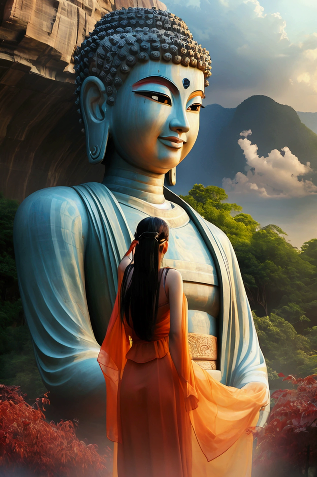A woman and tourists take a photo at the Leshan Giant Buddha,Anime style,Pixar style
