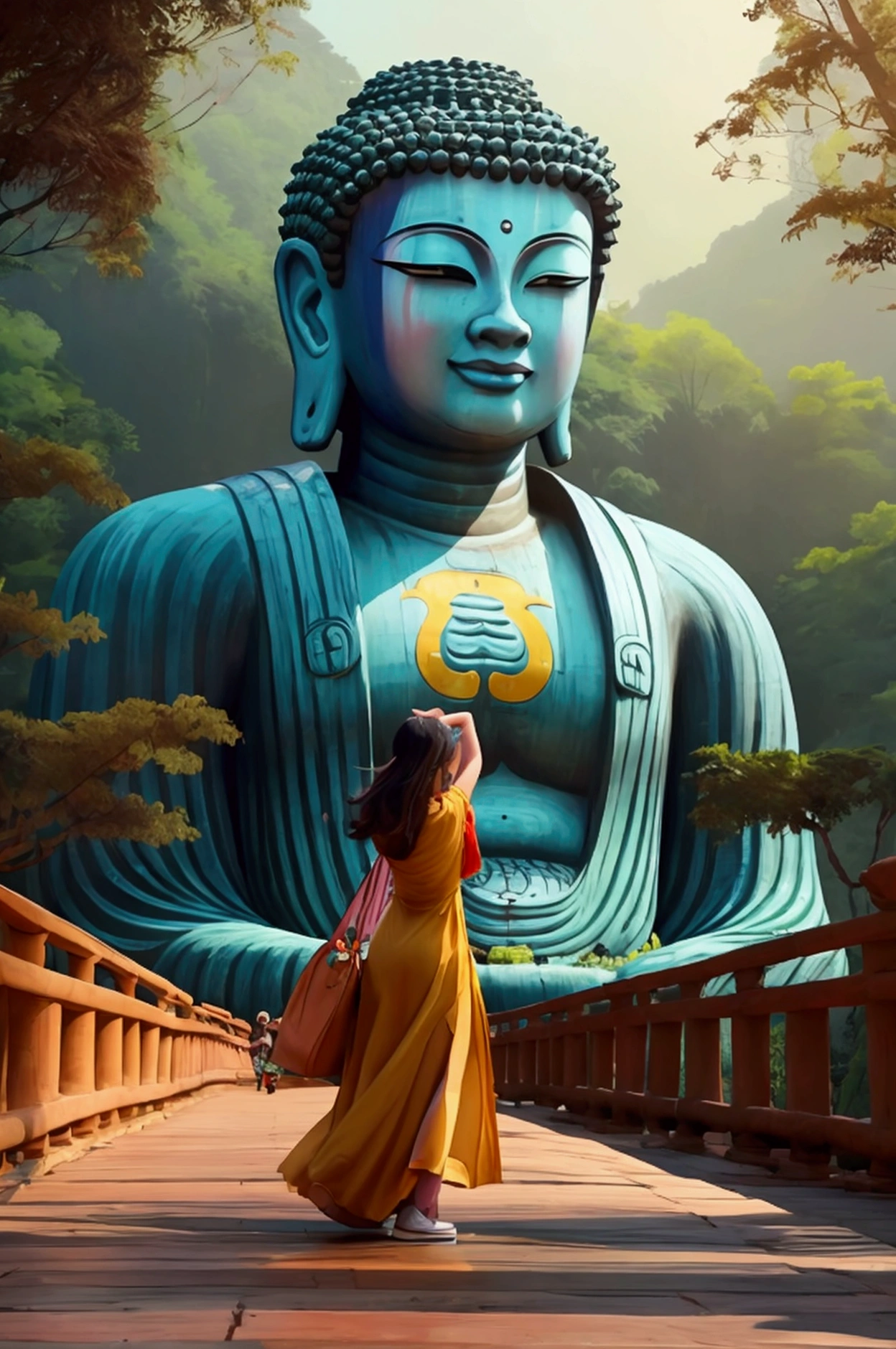 A woman and tourists take a photo at the Leshan Giant Buddha,Anime style,Pixar style