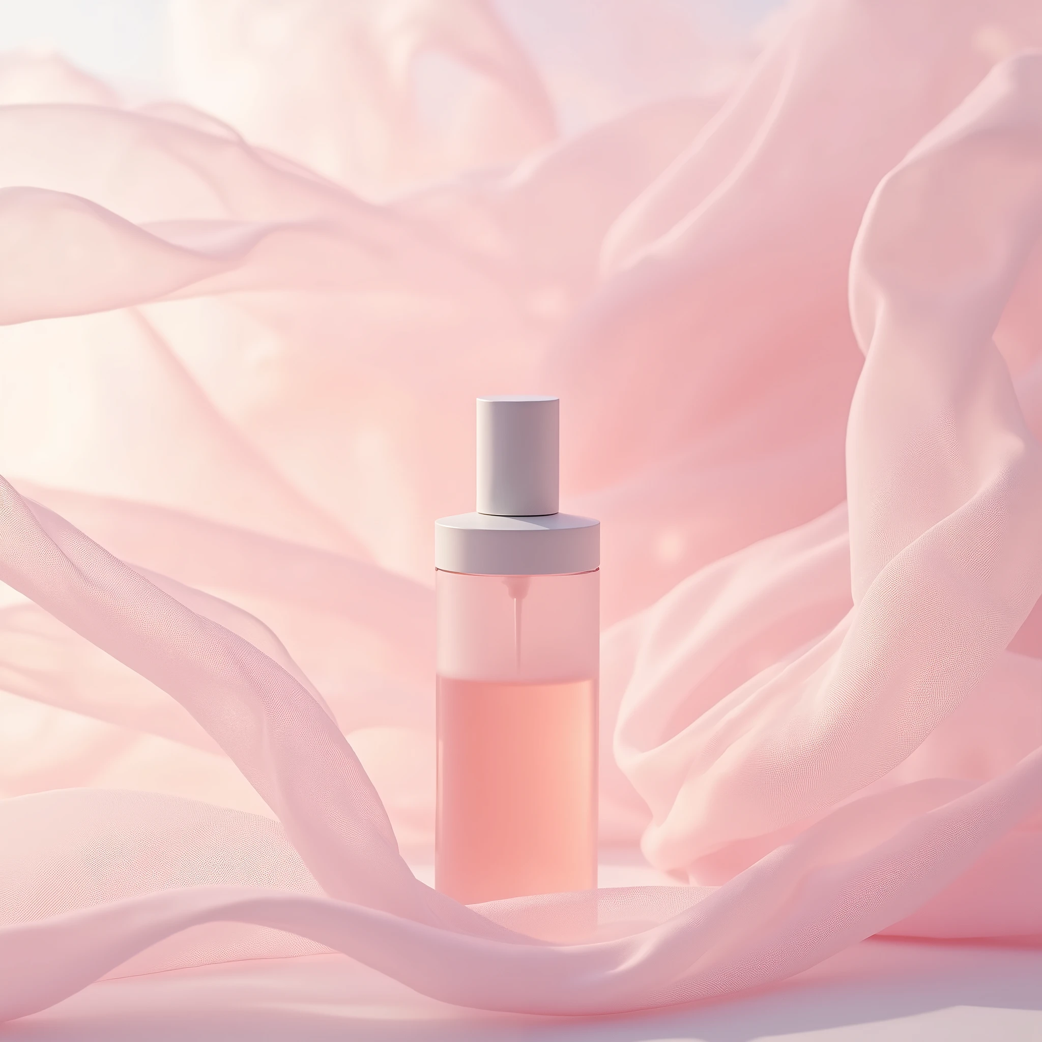 Pink series Commercial photography , SKIl essence bottle , tulle fluttering in the wind , delicate texture , minimalism , romantic tone , translucent , beautiful , graceful lines , naturalrealistic photography , high resolution , fine details ,8k --s 50