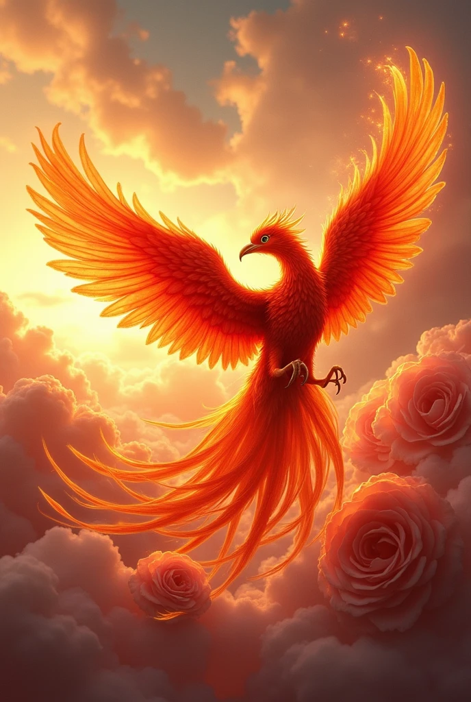 Fire phoenix with the background drawn outline of roses on a sky of roses