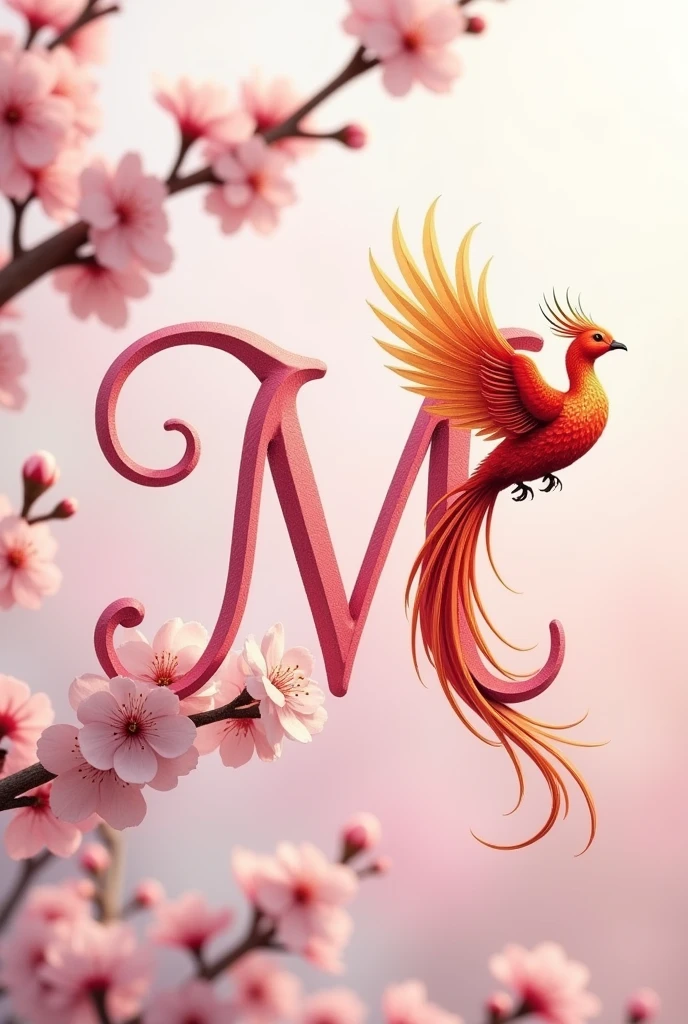 Pink cursive uppercase letter M with elegant details with cherry blossoms and a phoenix bird above it with open wings taking flight, long tail raised and happy look

