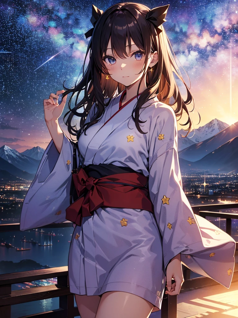 The background is the mountain peak, (Starry Sky:1.5), yukata, night, cute, Beauty, Tohsaka Rin, (masterpiece), highest quality, 1girl, uhd, retina, masterpiece, ccurate, anatomically correct, textured skin, super detail, high details, high quality, best quality, highres, 4K