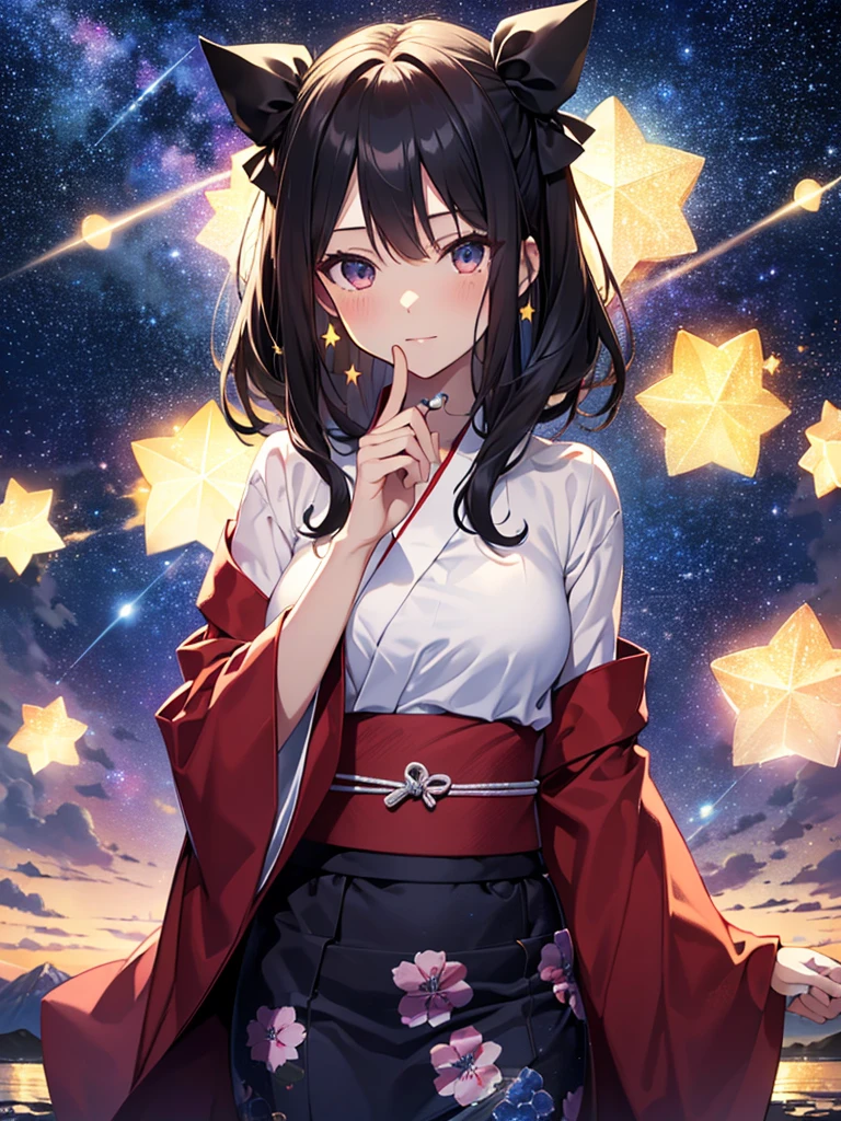 The background is the mountain peak, (Starry Sky:1.5), yukata, night, cute, Beauty, Tohsaka Rin, (masterpiece), highest quality, 1girl, uhd, retina, masterpiece, ccurate, anatomically correct, textured skin, super detail, high details, high quality, best quality, highres, 4K