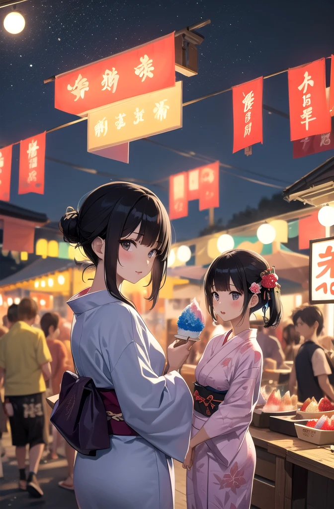 shaved ice,yukata,Black Hair,Summer festival,night,stall