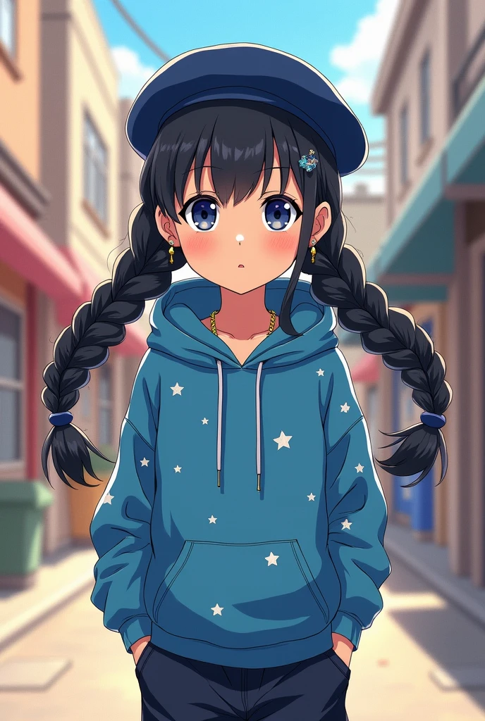 Make me a bungo stray dogs comic style image, a   beige girl, black hair tied in 2 large braids, has a cute and long fringe but it doesn&#39;t cover her eyes and her hair is a little untied, her eyes are a little big and are dark blue with a star inside them, she is wearing a blue sweatshirt with stars and long sleeves that cover some of the palms of her hands, a black jogger pants and a blue all star sneakers. She is wearing a small silver earring and a thin black belt., a navy blue beret and a thin gold necklace