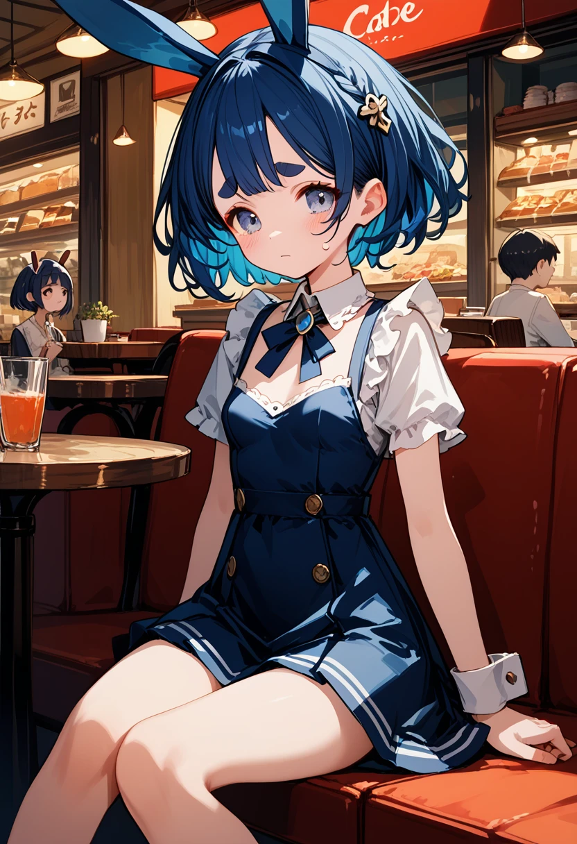 score_9, score_8_up,score_7_up,flat color,(best quality, masterpiece, ultra high-resolution, ultra-detailed,pop-art style,Wearing a bunny girl costume in cafe, sitting, looking shy, BREAK (girl,16yo,detailed face,(darkblue hair,wavy-short hair),middle thick eyebrows,middle small breasts),