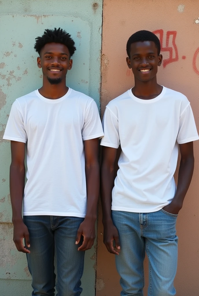 Create a split-image of the same light skinned 21 years old Ethiopian man shown side by side against a messed up wall as a background to illustrate a before and after transformation. In the 'before' image on the left, depict the man as shorter and wearing a plain white T-shirt and jeans. In the 'after' image on the right, show the same man taller, with no change in physique, wearing the same white T-shirt but with casual pants instead. Both images should have the man smiling and looking directly at the camera, with a noticeable difference in height and little difference on presence. The background should be the same for both pictures and minimalist with natural lighting, highlighting the transformation. Make the picture realistic
