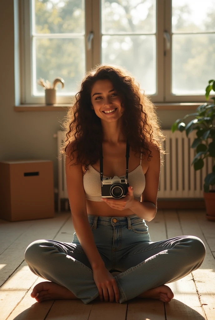 A brunette girl with curly hair and big breasts sits with her legs stretched out, taking a realistic photo