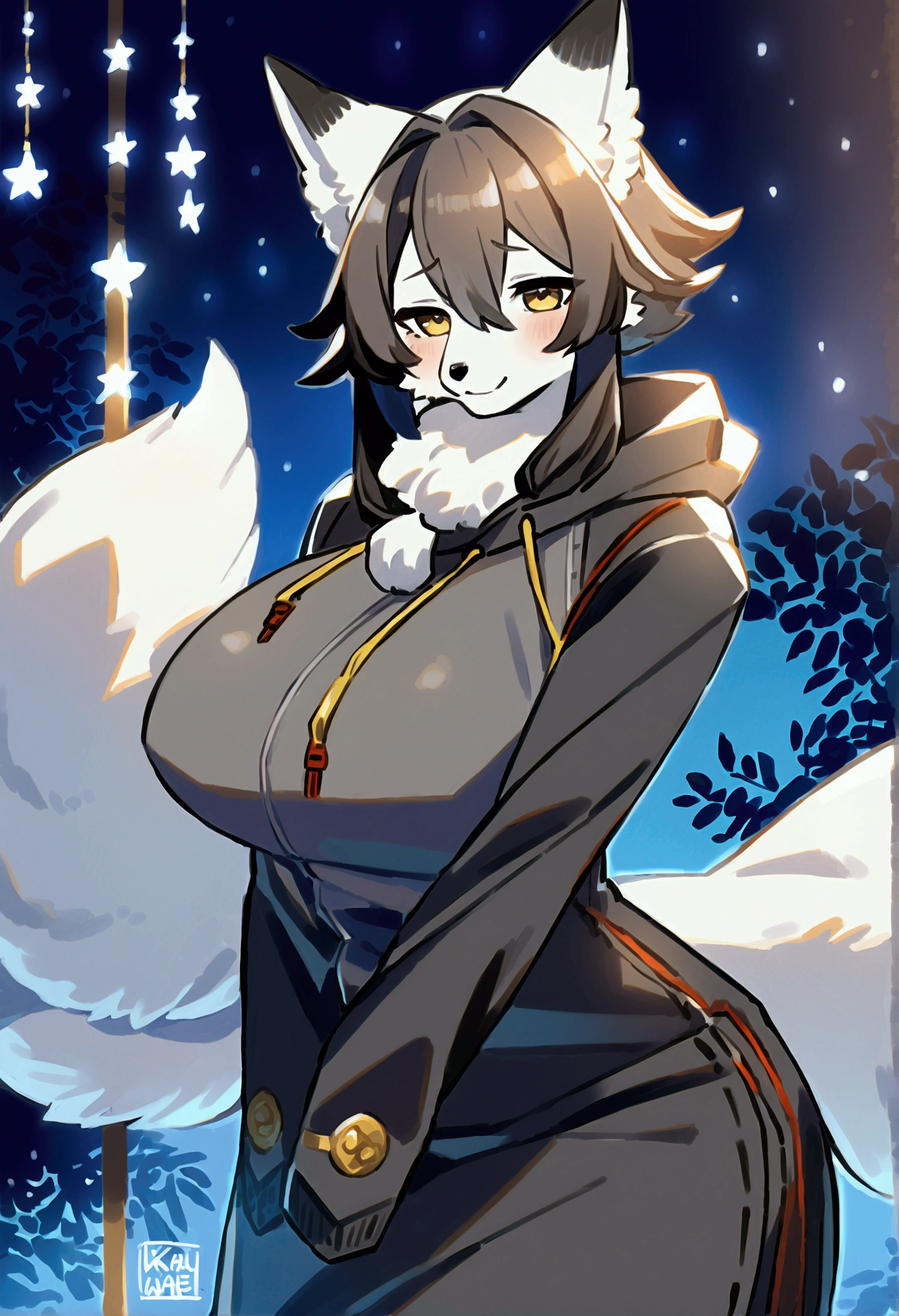 top quality, best quality, by kawarage_yatano, High-quality illustrations, masterpiece, 16k, 1080p, uploaded on e621)(kemono, furry, anthro, alone), round, 1 female, hot mother figure, very detailed body face and eyes, white fox, Tiare, (Alchemy Stars), white fur, fluff, big breasts, tail, perfect eyes, yellow eyes, black hair, beautiful winter clothes, winter hoodie on, beautiful night, body movement, body twitching, shy smile, red blushing,