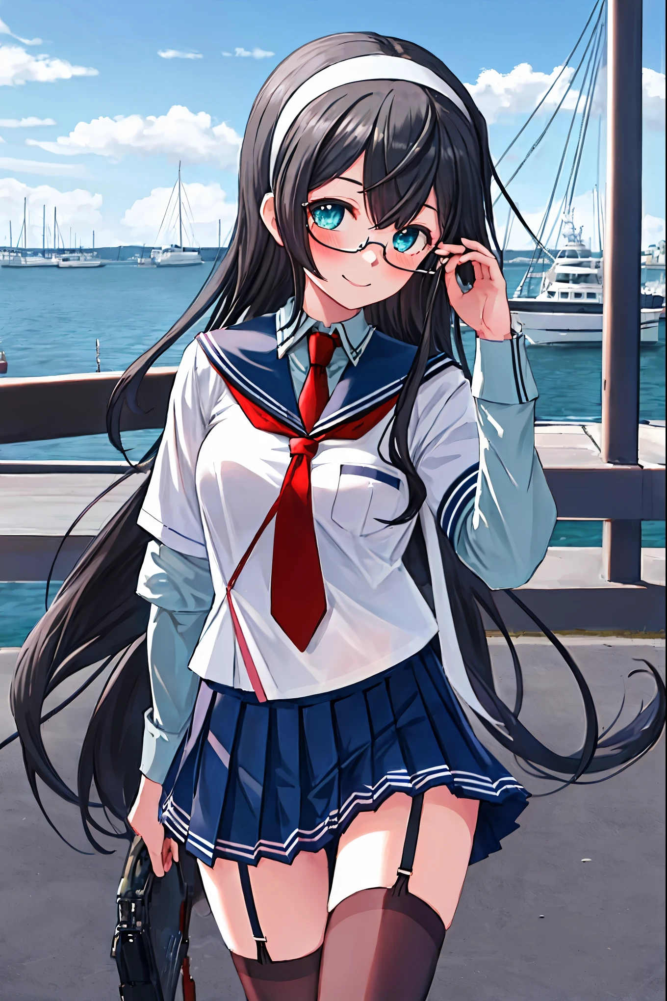 best quality, masterpiece, highres, solo, {ooyodo_kantaicollection:1.15}, black_hair, long_hair, glasses, hairband, semi-rimless_eyewear, under-rim_eyewear, blue_eyes, green_eyes, blush,small_breasts, 1girl, school_uniform, serafuku, pleats_skirt, looking_at_viewer, necktie, harbor_town_background, red_necktie,(angry:0.7),smile,,thigh-highs,solo