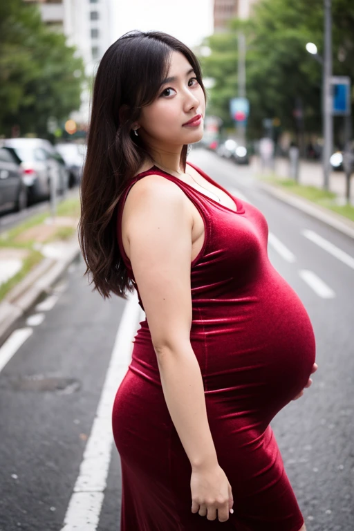 heavily pregnant woman holding her big belly wearing velvet bodycon tanktop having painful contraction while walking