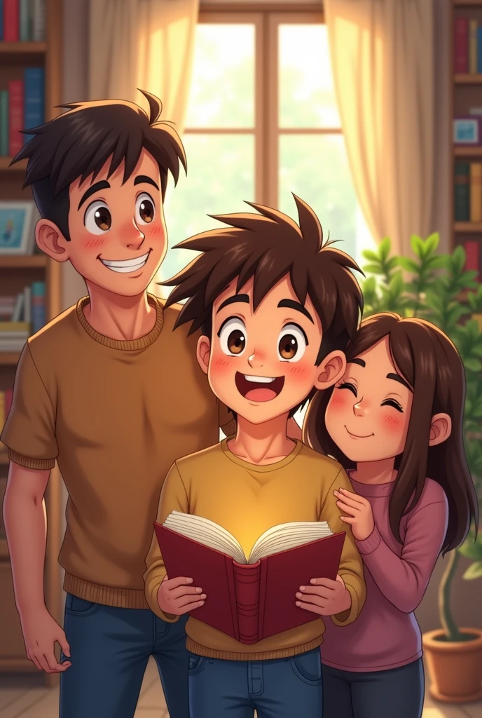 Two couple smiling at their son because he wrote poems he is a teenager good jawline and brown hair and eyes (anime image)