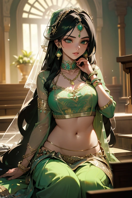 4K, UHD, masterpeice, 1 girl, good face, detailed eyes, detailed lips, very long hair, straight hair, very long hair, beautiful hair, hair ornaments, hairband, gradient hair, ((green lehenga)), ((bridal lehenga)), ((decorated blouse)), sardine, ((ornament lehenga)), ((green lace)), ((diamond bracelet)), ((pendant)), ornaments, necklace, earring, high lighting, ((bare stomach)), ((in the wedding stage)), green color, depth of field, ray tracing, ultra realistic detailed, sitting,