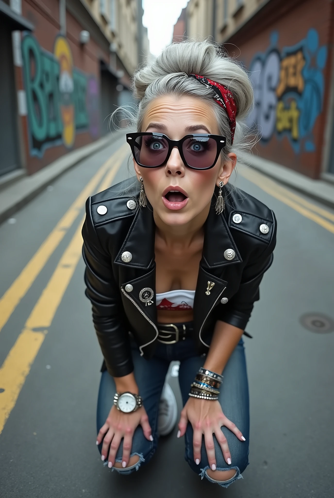 russian old milf woman, grey hair (huge top bun and bandana), big maxi glasses, with very light blue eyes, extremely pale. Wearing cropped black moto jacket with pins and badges, low-cut cropped t-shirt with guns and roses video, dark skinny blue jeans with holes and white tennis sneakers . Lots of metallic bracelets and collars. Tacky leather belt with oversized buckle. Wide loop earrings. Kneeling in a payer, looking up, eyes and mouth wide open in amazement. Hands in leather gloves on her knees. Listening in amazement to somebody speaking to her, toned six pack abs, thin legs and thin arms
