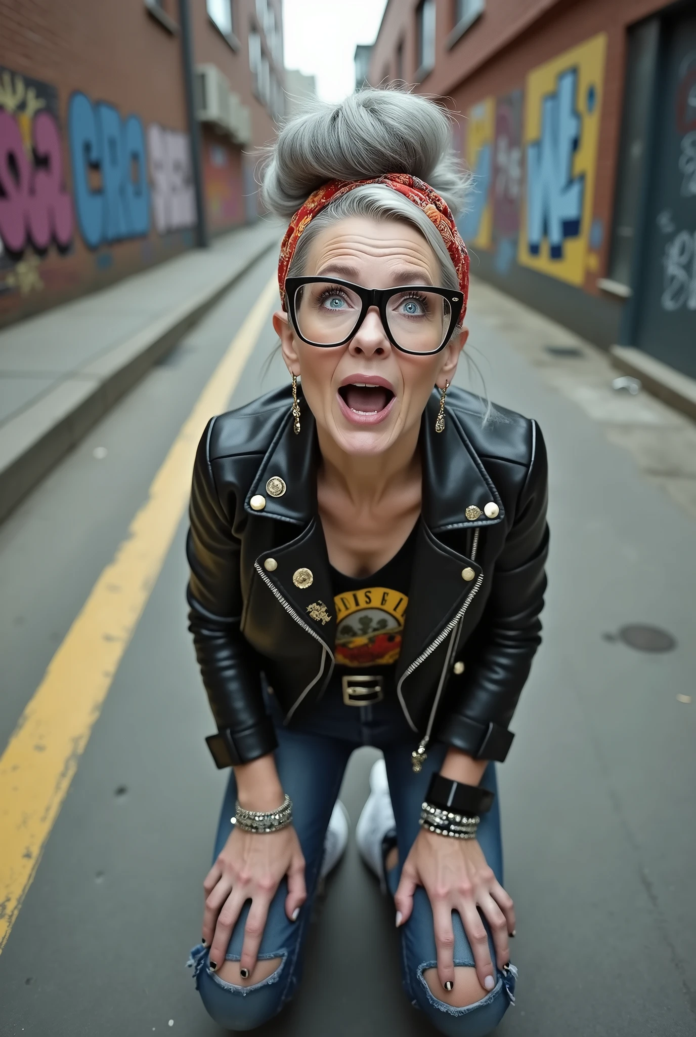 russian old milf woman, grey hair (huge top bun) and bandana as headband (big maxi glasses), with very light blue eyes, extremely pale. Wearing cropped black moto jacket with lots of zippers and pins, raggy cropped t-shirt with guns and roses logo, dark skinny blue jeans with holes and white tennis sneakers . Lots of metallic bracelets and collars. Tacky wide leather belt with oversized buckle. Long earrings. Kneeling like in a payer, looking up, eyes and mouth wide open in amazement. Hands on her knees. Listening in amazement to somebody speaking to her, toned six pack abdominals, thin legs and thin arms. A lot of people behind