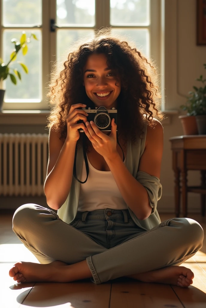 A brunette girl with curly hair and big breasts sits with her legs stretched out, taking a realistic photo