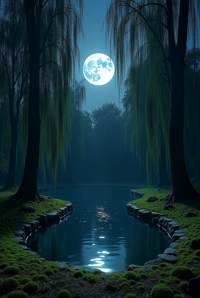 Round pond in front of a forest. Moss and grass in the forest at night. Full moon in the sky. Many weeping willows in the background behind the pond. Image landscape format. Pond borders in circular format at the bottom and right corner of the image. No moss in front of the pond