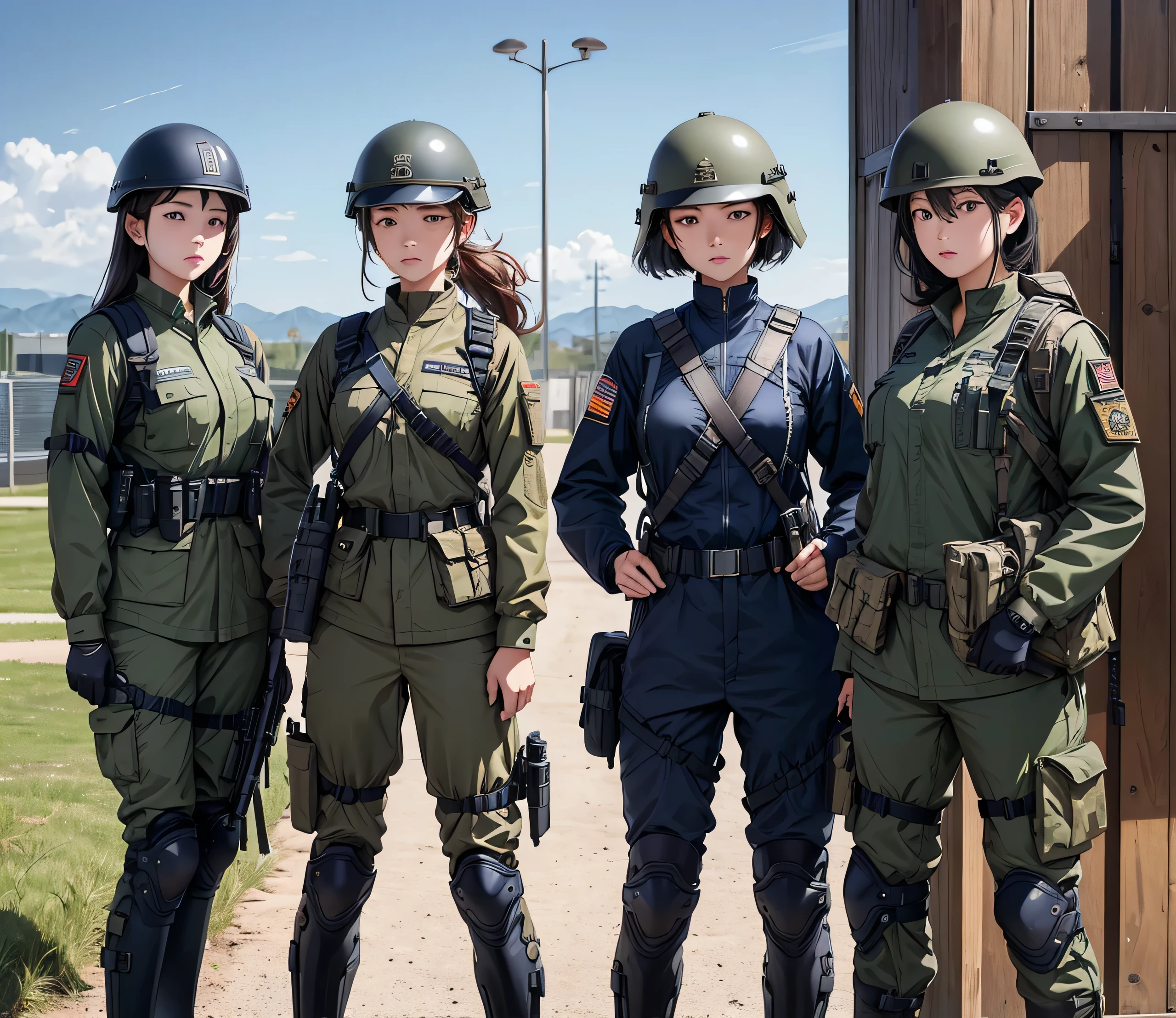 A group of female soldiers wearing helmets，Wearing navy blue、Military Pants、Magazine Pouch、Tactical harness、Knee pads，Guarding the gate of a military base，Write details、masterpiece、best quality、Highly detailed CG、8K picture quality