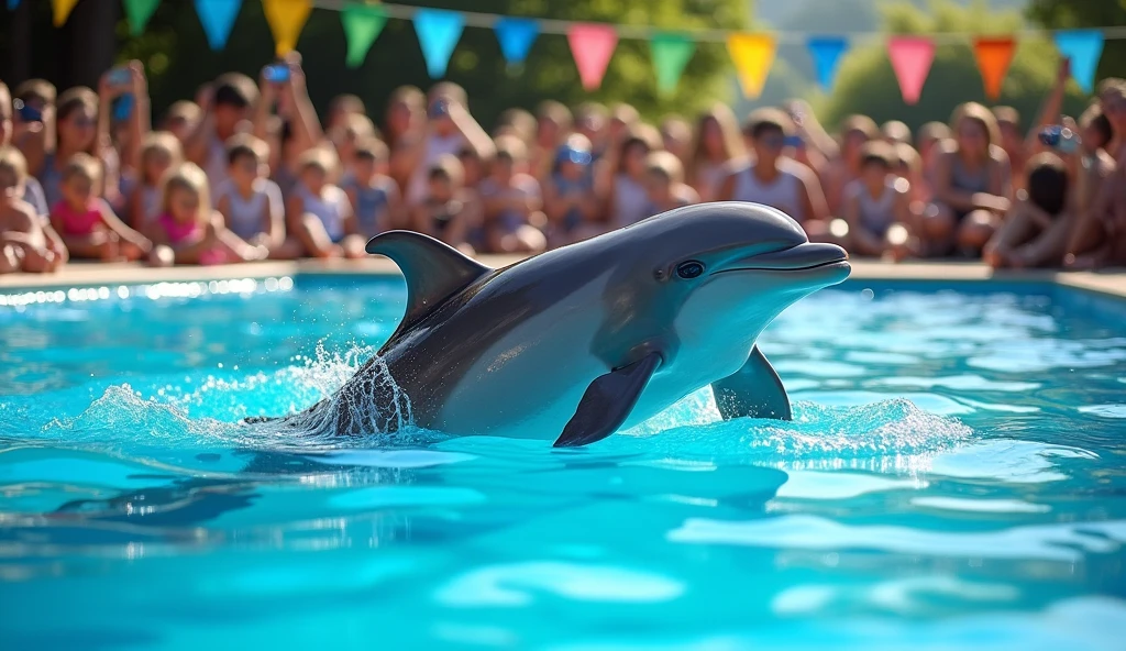A dolphin is swimming in a pool with its young on its back、There are spectators all around