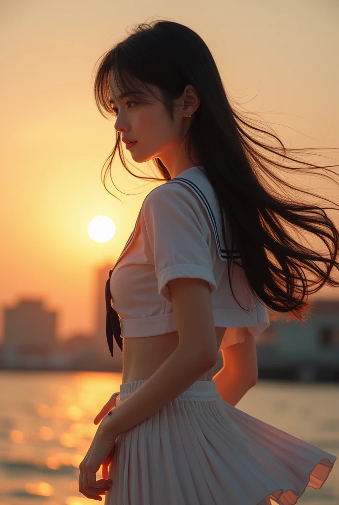 (8k、born、Professional、Highest quality、masterpiece:1.2)、(Genuine、Realistic:1.37)、Very detailed、(Portrait of an 18-year-old woman)、(expensiveest Detail Skin:1.2)、(expensiveest detail face:1.2)、1 Female、18-year-old、Black Hair、Long Hair、expensive 、Japanese high born sailor suit、The wind blew up her pleated miniskirt., Revealing white lace panties.)、Sunset sky、The cityscape at dusk can be seen in the distance、Golden Hour