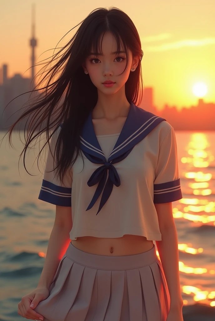 (8k、born、Professional、Highest quality、masterpiece:1.2)、(Genuine、Realistic:1.37)、Very detailed、(Portrait of an 18-year-old woman)、(expensiveest Detail Skin:1.2)、(expensiveest detail face:1.2)、1 Female、18-year-old、Black Hair、Long Hair、expensive 、Japanese high born sailor suit、The wind blew up her pleated miniskirt., Revealing white lace panties.)、Sunset sky、The cityscape at dusk can be seen in the distance、Golden Hour 