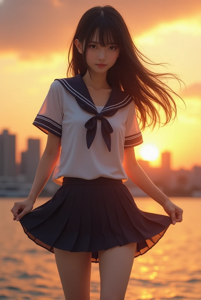 1ung girl, laugh shyly, (highly detailed eyes, highly detailed hair, highly detailed face), extremely detailed CG unified 8k wallpaper, Highly detailed, High-definition raw color photos, Professional Photography, Realistic portrait, Cinematic Light, Bangs, (Beautiful breasts), (High school uniform with wide open breasts:1.1), (Pleated mini skirt:1.2), hair blowing in the wind, (no panties:1.3), sitting, spread legs wide open, outdoors, beach, (beautiful sunset:1.2), (((Bokeh))), depth of fields, (View from below),