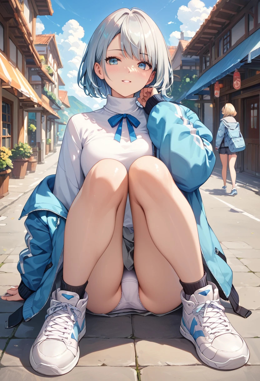 Score_9, Score_8_up, Score_7_up, Score_6_up, source_anime, (ultra-detailed:1.5),
Score_Anime, perfect anatomy,
(2girls:1.5),(panties pleat detailed :1.5),(sexy pov pose:1.3),ribbon,blurry,blurry background,neck ribbon,between thighs,
casual outfit: light blue baseball jacket, half-taken white turtleneck, gray joggers, white sneakers, (more detailed), facing the audience, body facing forward,
perfect hands, beautiful female fingers,
core_9, Score_8_up, Score_7_up, expressive,