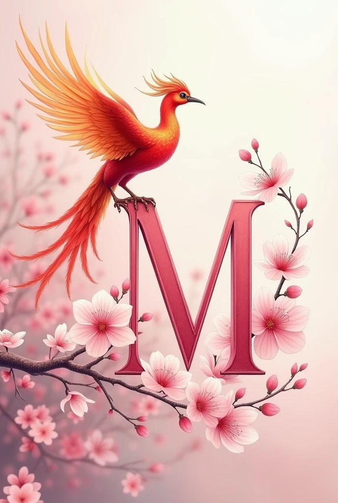 Pink cursive uppercase letter M with elegant details with cherry blossoms and a phoenix bird above it with open wings taking flight, long tail raised and happy look