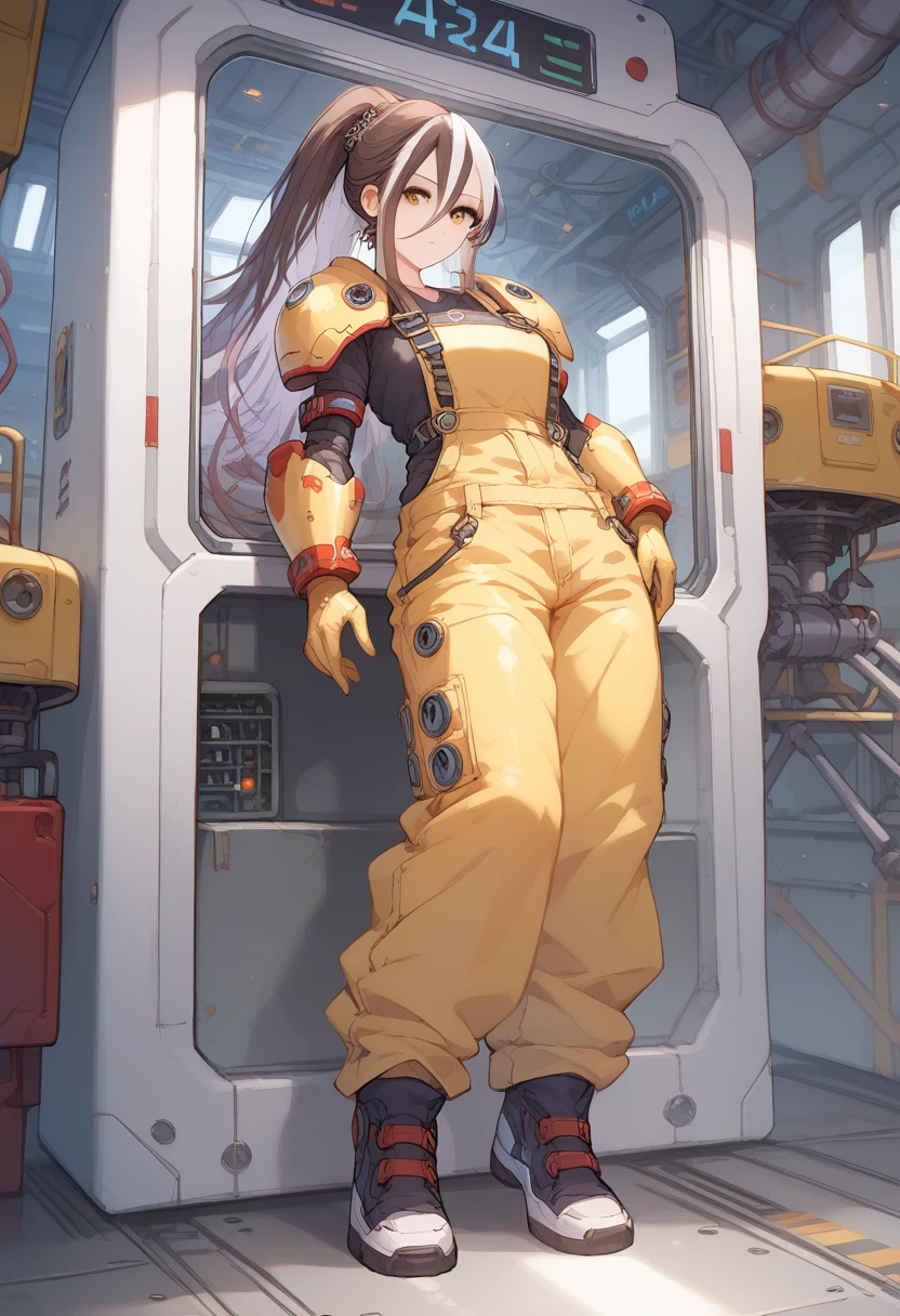 Azaz, white hair, brown eyes, brown hair, long hair, ponytail, streaked hair, multicolored hair, hair between eyes, 



breasts, wide hips, looking at viewer, pierp, armlet, armor jumpsuit, yellow latex armor overalls, yellow latex jumpsuit, sci-fi armor overalls, high tech overalls, overalls with metal details, high tech gloves, full body overalls,

cyberpunk engineer, factory interior, machinery, ceramic,