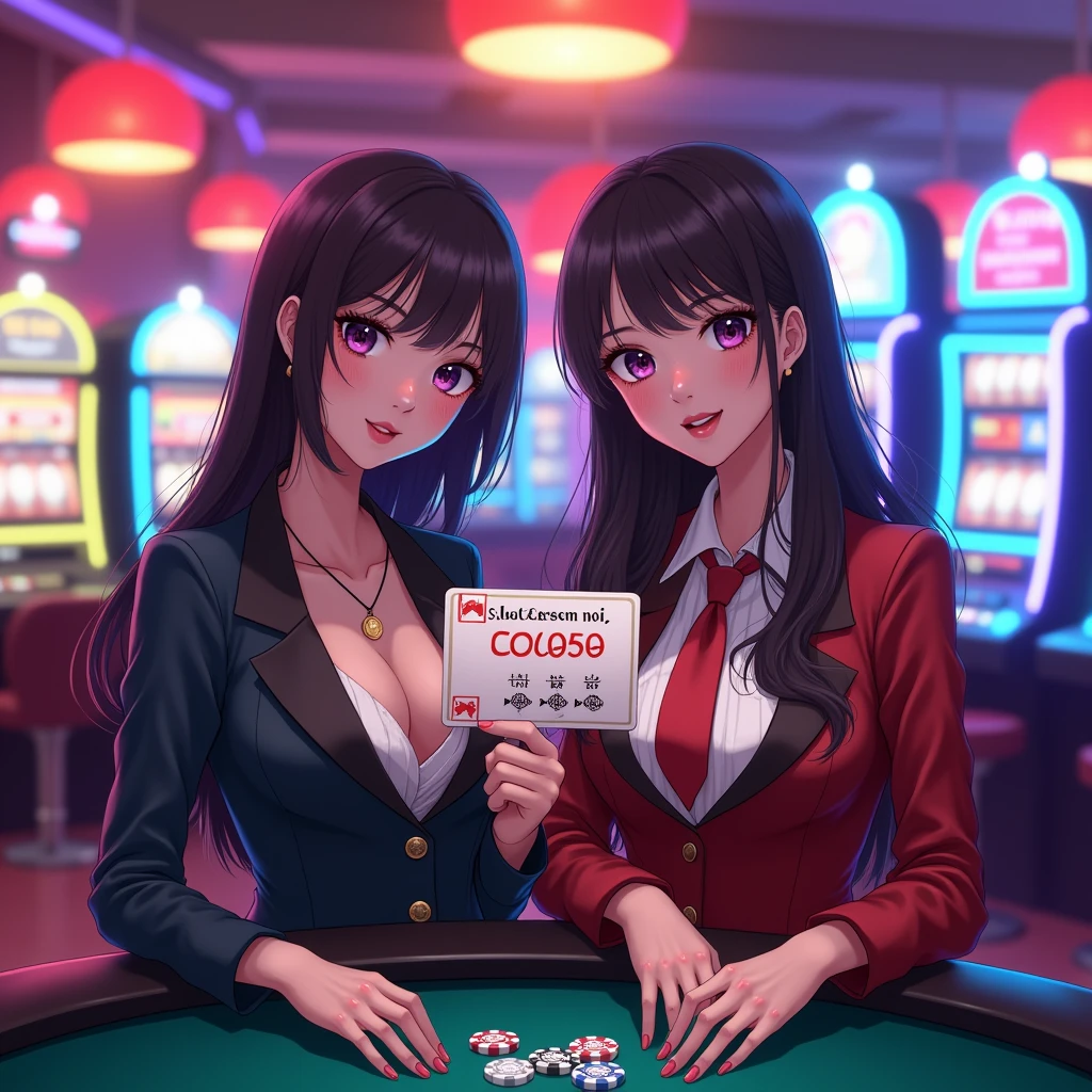a beautiful elegant two realcartoon woman wearing indonesia SMA high school uniform holding up a sign "COBLOS4D SLOT GACOR No1", close up teasing smile, happy, photorealistic, casino background, big breast cleavage, Standing behind poker table between slot machines, Colourfull, Neon Light, anime illustration,