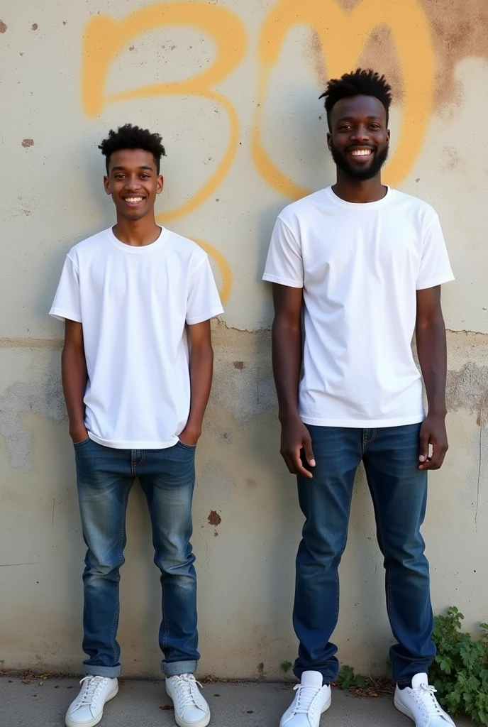 Create a split-image of the same light skinned 21 years old Ethiopian man shown side by side against a messed up wall as a background to illustrate a before and after transformation. In the 'before' image on the left, depict the man as shorter and wearing a plain white T-shirt and jeans. In the 'after' image on the right, show the same man taller, with no change in  physique, wearing the same white T-shirt but with casual pants instead. Both images should have the man smiling and looking directly at the camera, with a noticeable difference in height and little difference on presence. The background should be the same for both pictures and minimalist with natural lighting, highlighting the transformation. Make the picture realistic 