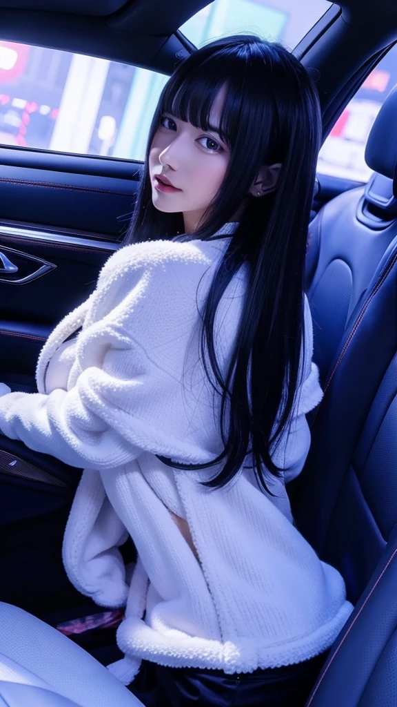 Highest quality、8k、32K、masterpiece、Ultra Clear、Highest quality、8k full vision, Cinema Lighting:1.2)、(Blue Right), One Girl、Long Hair Girl、Beautiful Japanese Women、Black-haired、Heavy bangs、Accentuate your 、choker、(Super big breSparkling under-eye bags、Red glitter eye makeup, From feet to head、
Soft look、Of Japanese、Japanese underground Idols、Japanese jirai Type Girl、Japanese Instant Glamour、Japanese TikTokers, Teenage Girl、
(( seat of luxury car:1.8, Inside the car with the lights off:1.5, Desaturated lighting:1.5)), Sit in the back seat、Sexy seductive girl、Lepread:1.3, Emphasize big breasts, One person, Night:1.3