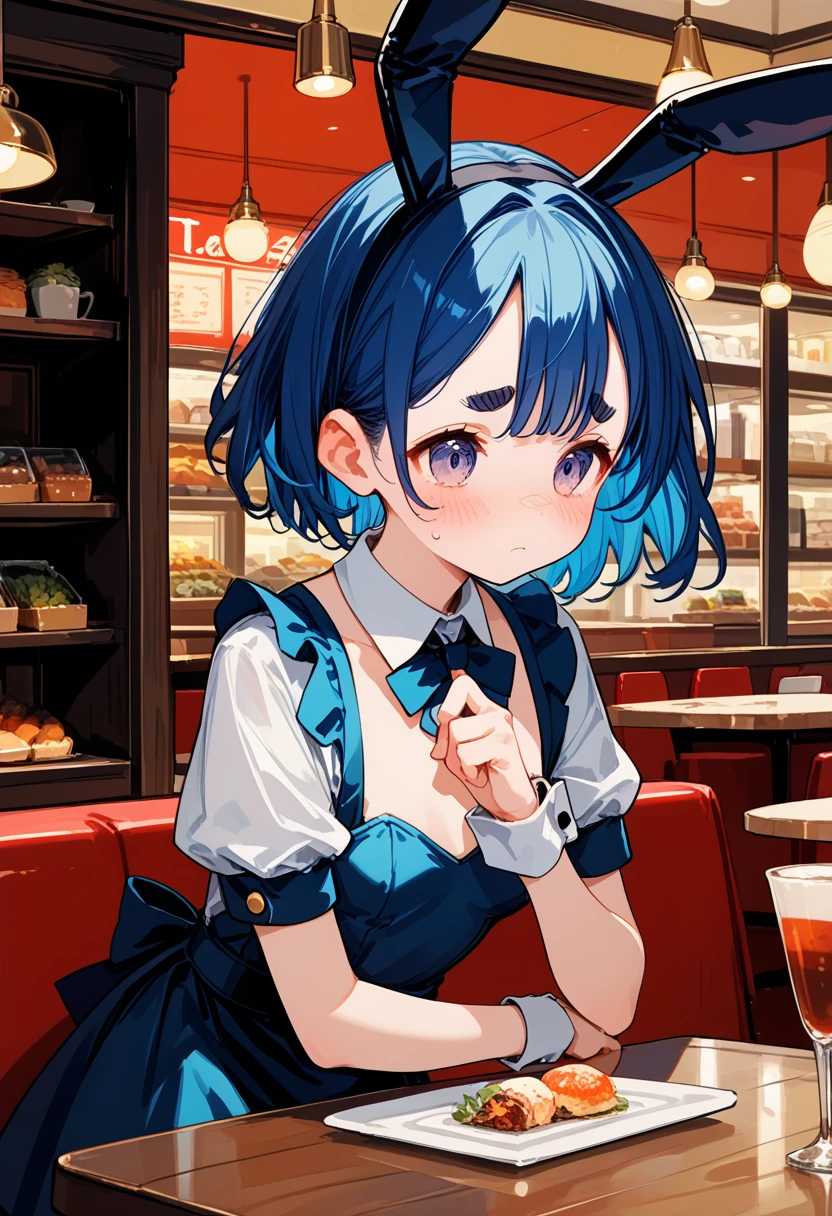 score_9, score_8_up,score_7_up,flat color,(best quality, masterpiece, ultra high-resolution, ultra-detailed,anime style illustration,girl serving customers at a cafe,cafe Waitress,Wearing a bunny girl costume in cafe,bunny-suit Waitress, looking shy, BREAK (girl,16yo,detailed face,(darkblue hair,wavy-short hair),middle thick eyebrows,middle small breasts),
