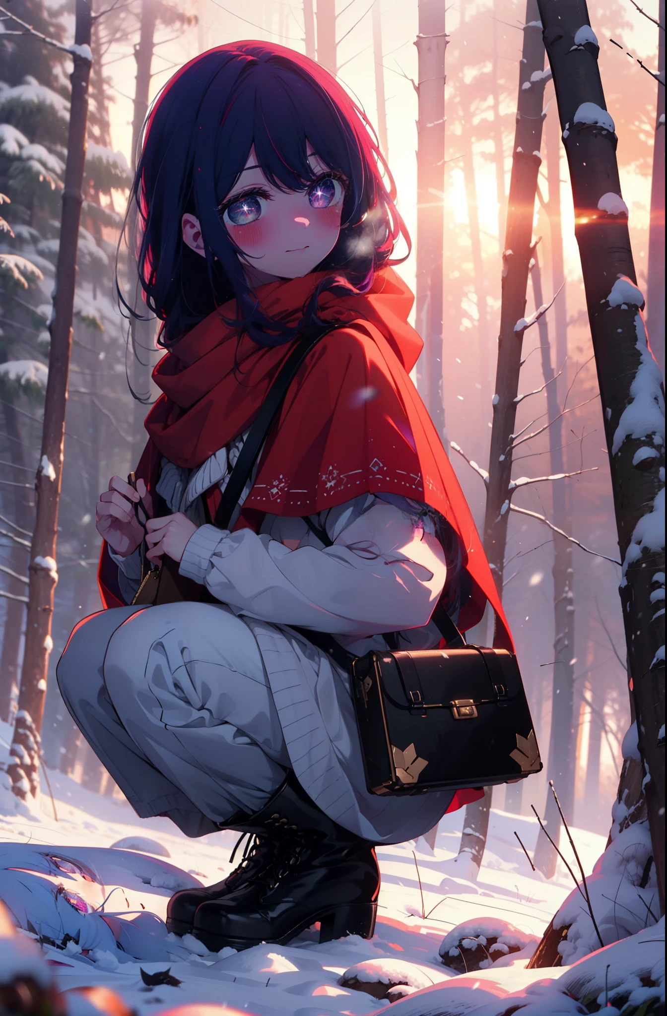 aihoshino, Ai Hoshino, Long Hair, bangs, (Purple eyes:1.1), Purple Hair, (Symbol-shaped pupil:1.5), smile,,smile,blush,white breath,
Open your mouth,snow,Ground bonfire, Outdoor, boots, snowing, From the side, wood, suitcase, Cape, Blurred, , forest, White handbag, nature, Squat, Mouth closed, Cape, winter, Written boundary depth, Black shoes, red Cape break looking at viewer, Upper Body, whole body, break Outdoor, forest, nature, break (masterpiece:1.2), Highest quality, High resolution, unity 8k wallpaper, (shape:0.8), (Beautiful and beautiful eyes:1.6), Highly detailed face, Perfect lighting, Extremely detailed CG, (Perfect hands, Perfect Anatomy),
